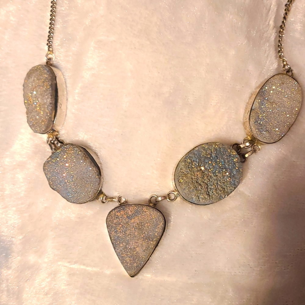 Silver white 5 stone Druzy necklace